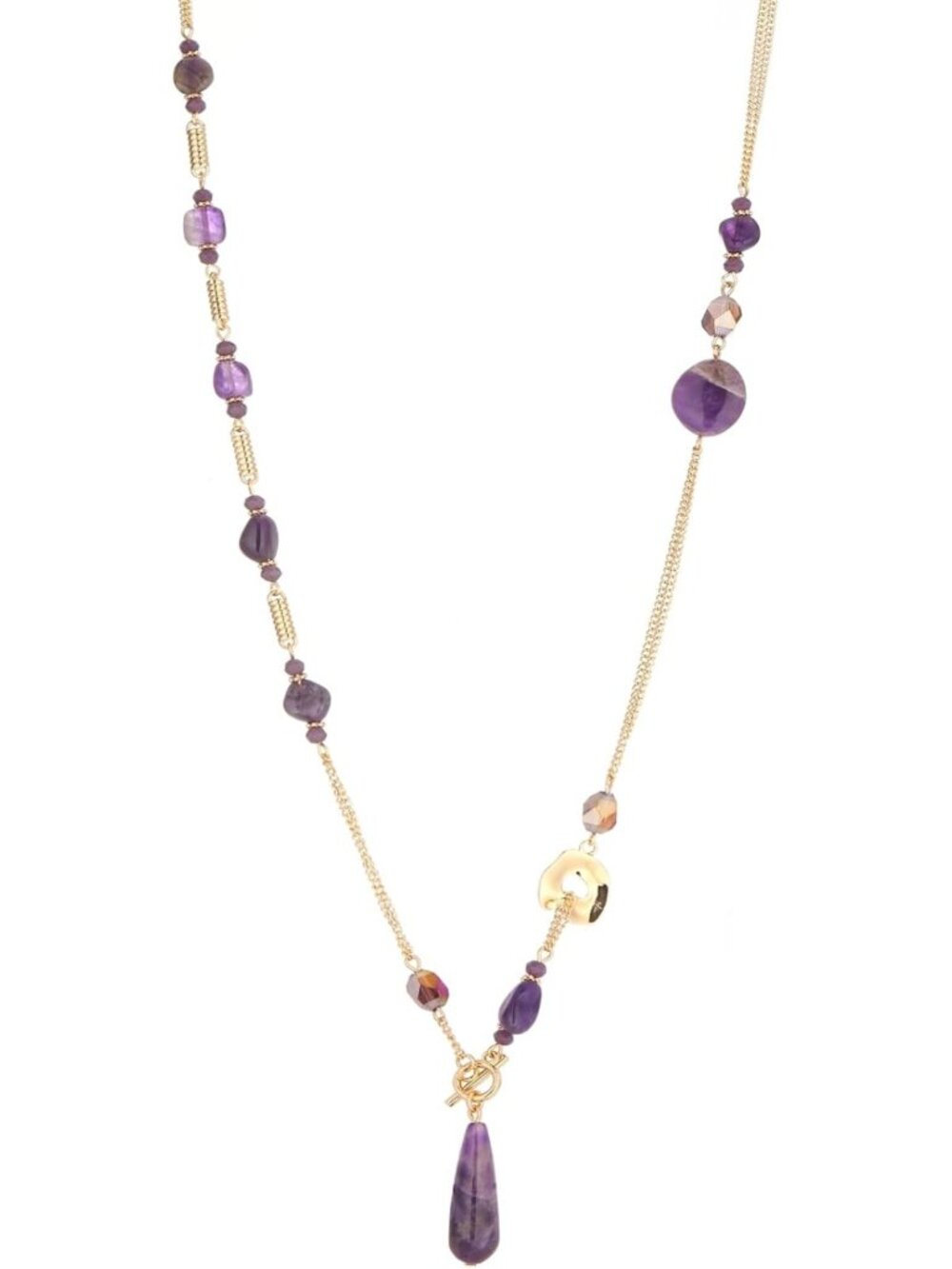 Long Gold Natural Stone Beaded Y Necklace with Teardrop Pendant & Toggle Clasp